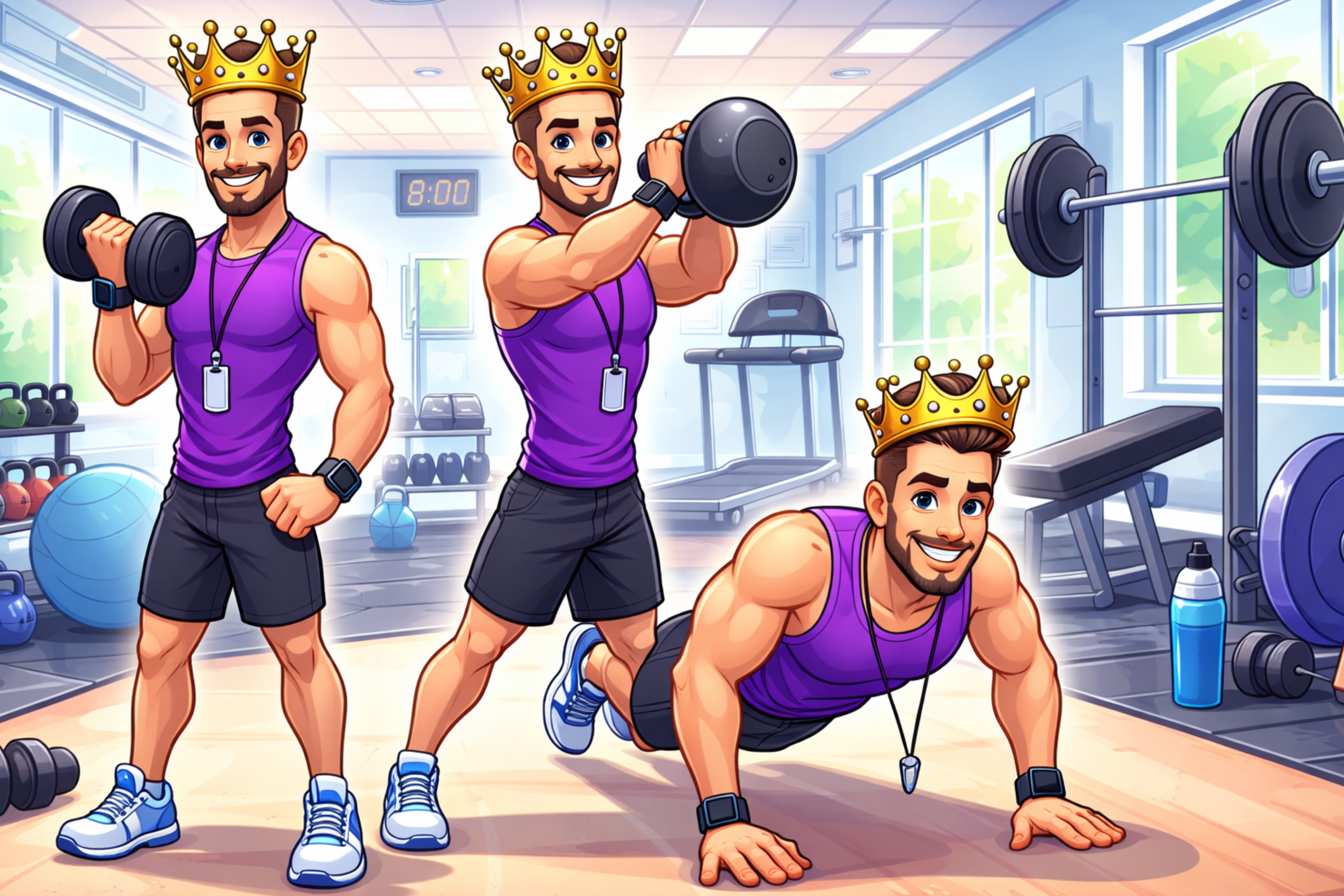 Three animated characters in a gym setting, each performing different exercises.